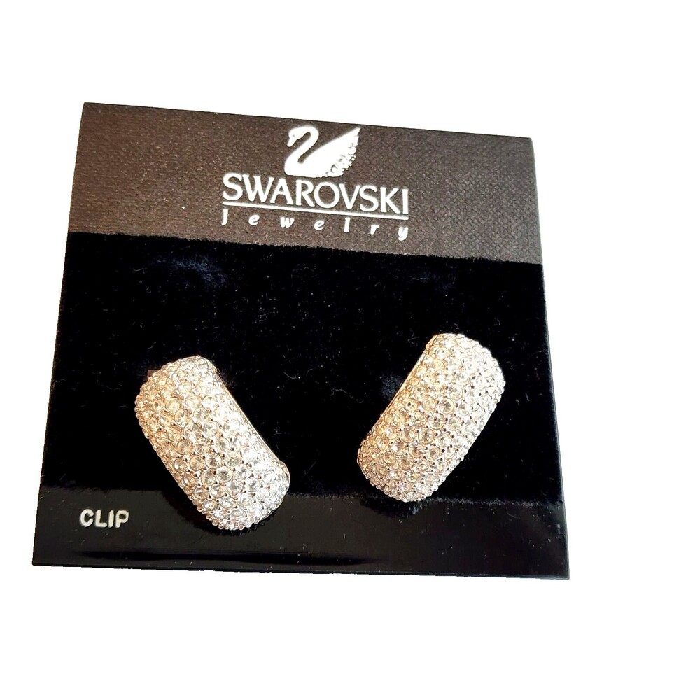 Vintage Swan Signed Swarovski Earrings 1980s Pave Crystal Rhinestone Clip Ons